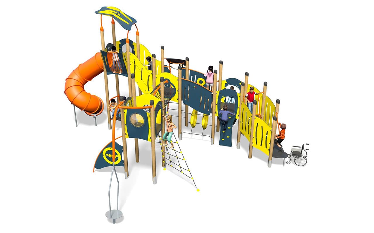 Struttura inclusiva di gioco in legno  e politilene HDPE. E' dotata di reti d'arramicata, pannelli gioco, scivolo a tubo. Disponibile con scivoli in acciaio o in politilene. Disponibile con pavimentazione antitrauma. Adatta ad ambienti esterni.