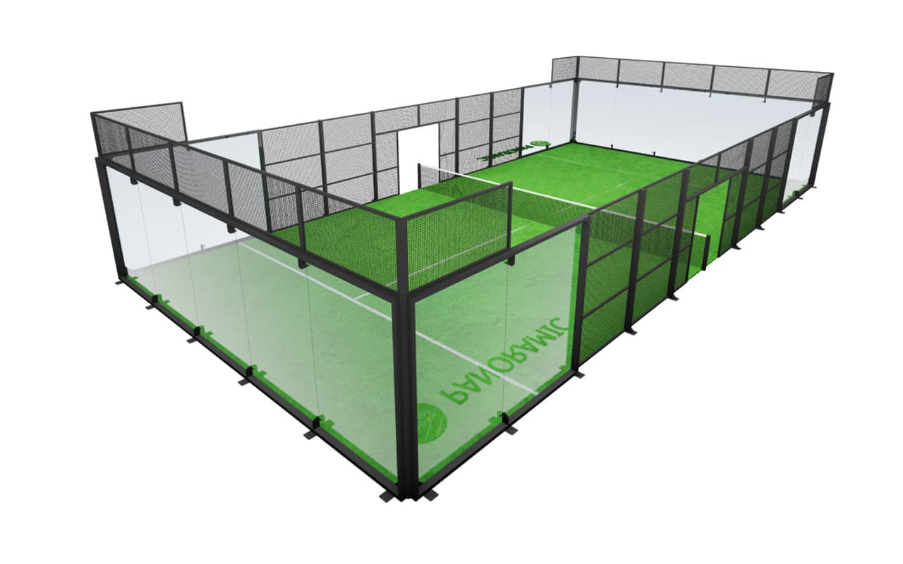 campo da padel panoramic, campo panoramico per professionisti, rete metallica di protezione e vetro lungo il perimetro su un telaio, pilastri rinforzati con contrafforti_1